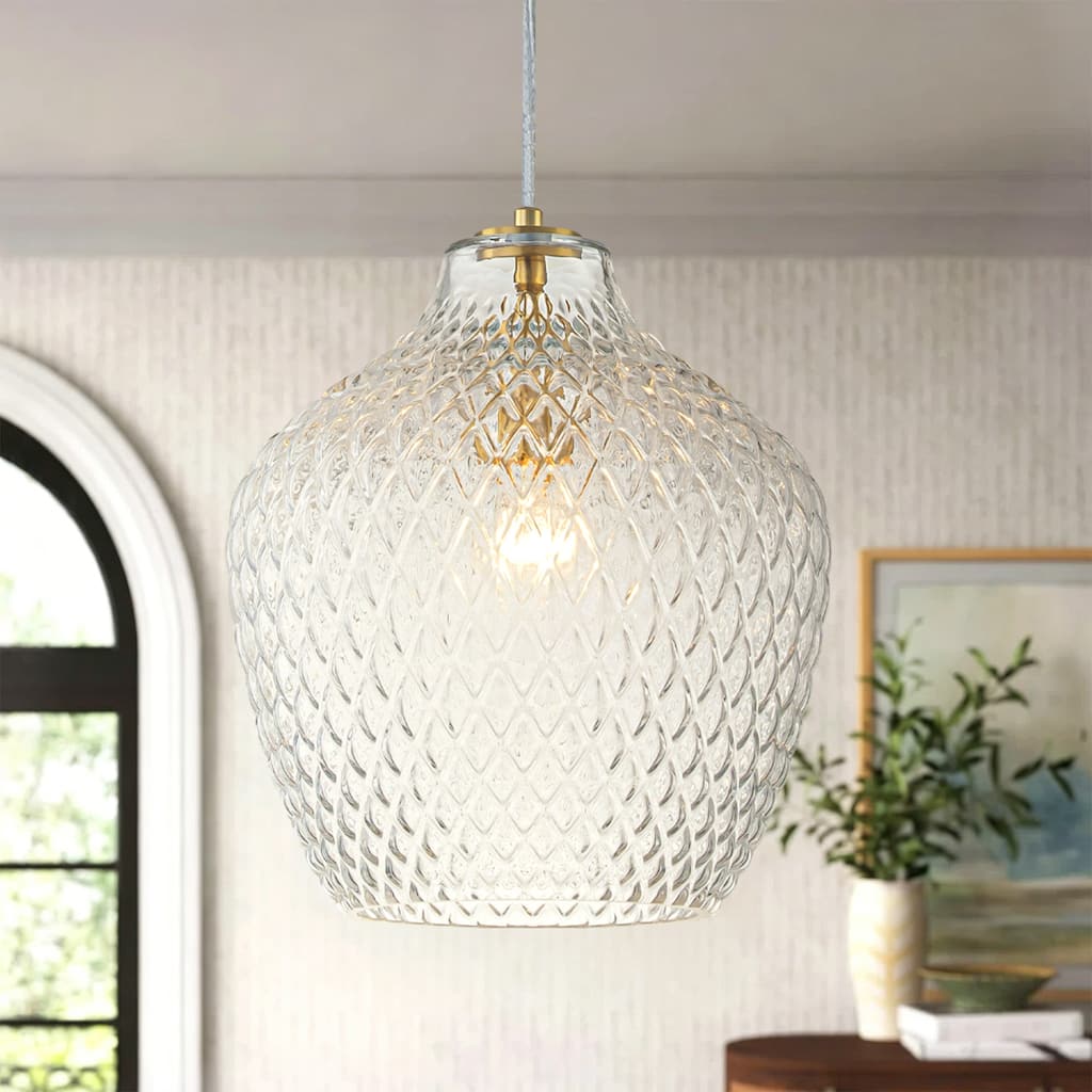 11" Modern Elegant 1-Light Gold Adjustable Pendant Lighting with Diamond-Pattern Glass Shade for Kitchen Island