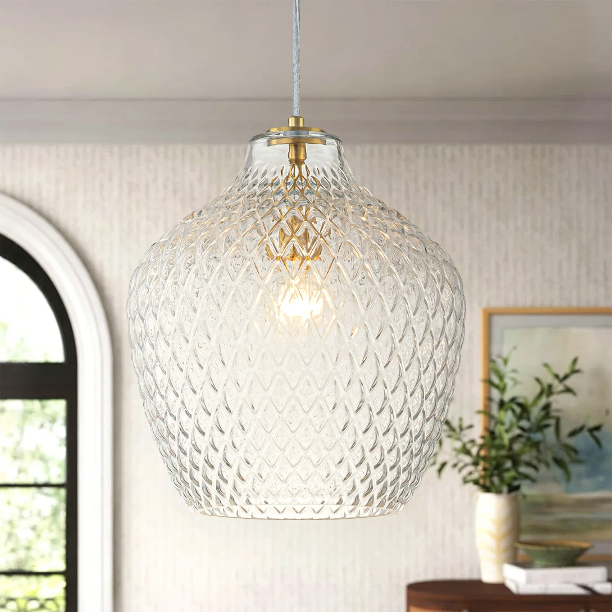 11" Modern Elegant 1-Light Gold Adjustable Pendant Lighting with Diamond-Pattern Glass Shade for Kitchen Island
