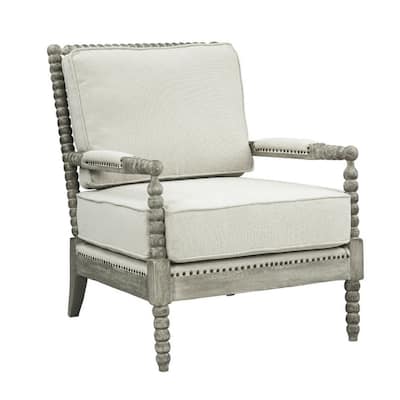 San 39 Inch Fabric Accent Chair, Armrests, Nailhead Trim, Beige, Gray Oak