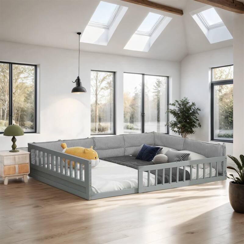 Wood Full Size Upholstered Platform Bed with Guardrail and Pillow
