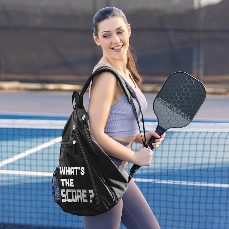 Sweet Jojo Designs Black Collection Pickleball Bag Sling Backpack Crossbody - Sports Pun Funny Quote Sayings What's The Score?