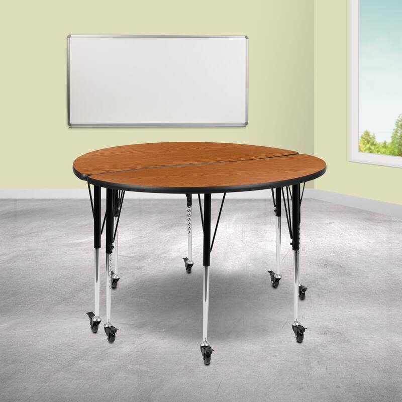 2 Piece Mobile 47.5" Circle Flexible Grey Adjustable Activity Table Set - Oak