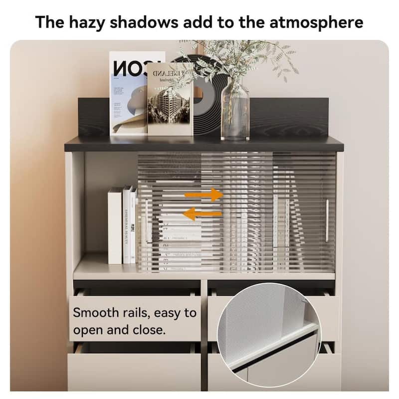 Modern 6-Drawer Storage Cabinet with Wavy Design and Black Wood-Grain Desktop