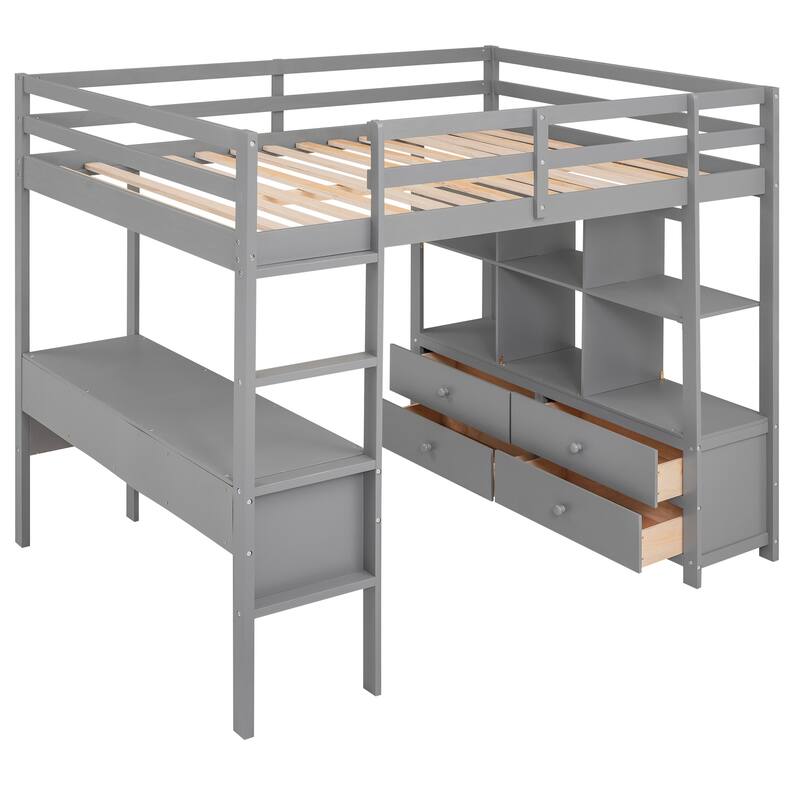 Pine Wood Loft Bed with Built-in Desk with Two Drawers, and Storage Shelves and Drawers