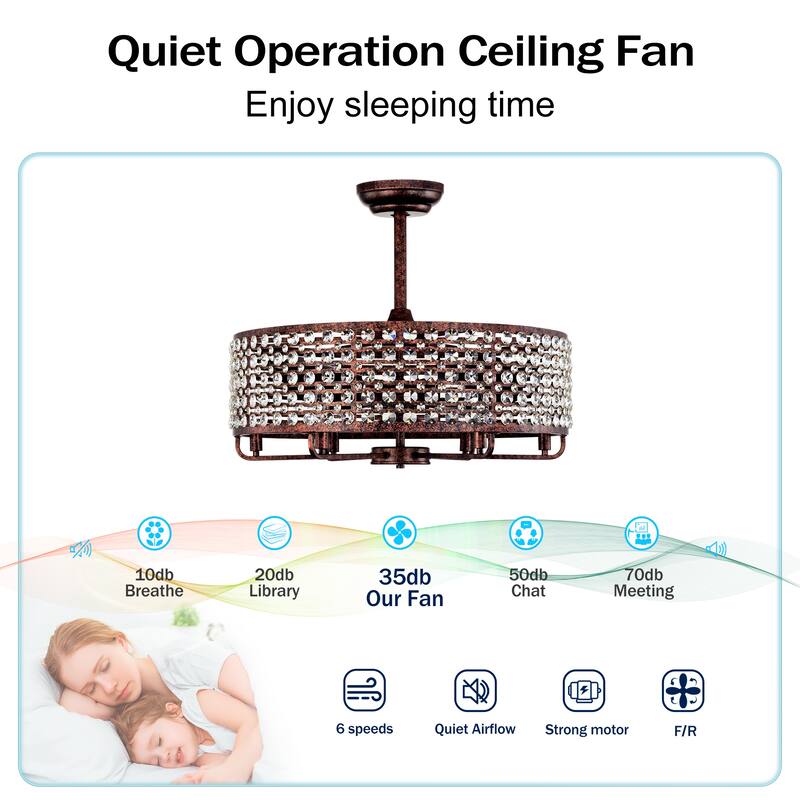 Modern Crystal Ceiling Fan Light with Crystal Shade and 6 Speed Settings, Reversible Motor for Bedroom and Living Room