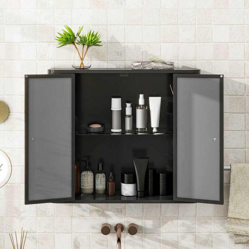 Wall-Mounted Bathroom Cabinet with Mirror,2 Mirrored Doors & Open Shelf,Farmhouse Metal Frame Storage - Antique Black