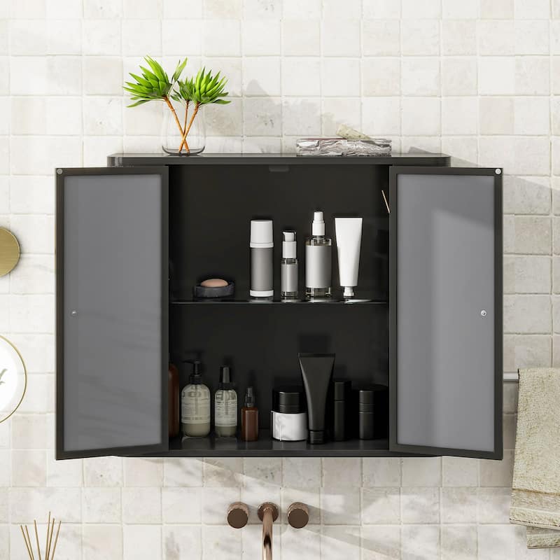 Wall-Mounted Bathroom Cabinet with Mirror,2 Mirrored Doors & Open Shelf,for Vanity,Toilet & Over-the-Sink - Antique Black