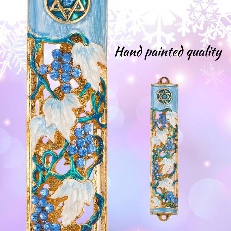 Matashi Hand Painted 6" Blue and Ivory Enamel Grape Mezuzah Embellished with Gold Accents and High Quality Crystals Home Decor