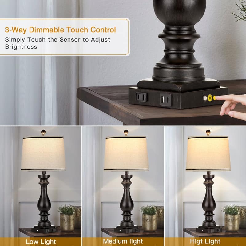 27.5'' Traditional USB Table Lamps with Type-C Port Bedside Lamps with 3-Way Dimmable Touch Control (Set of 2)