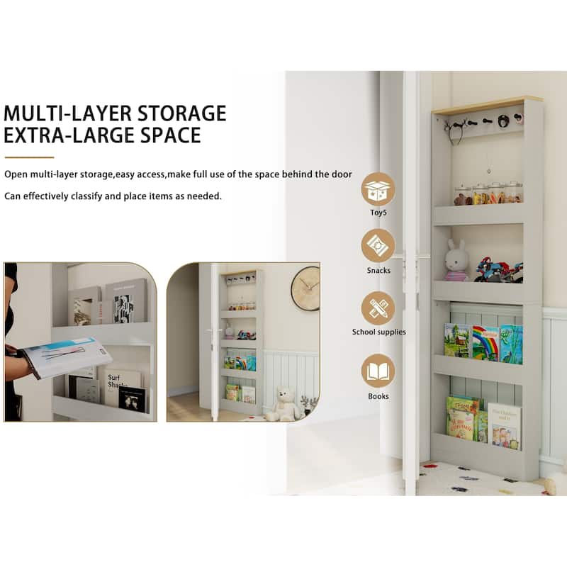 69" Tall Bookcase with 4 Shelves and 5 hooks, Wall Mounted Space-Saving Narrow storage cabinet for Living Room