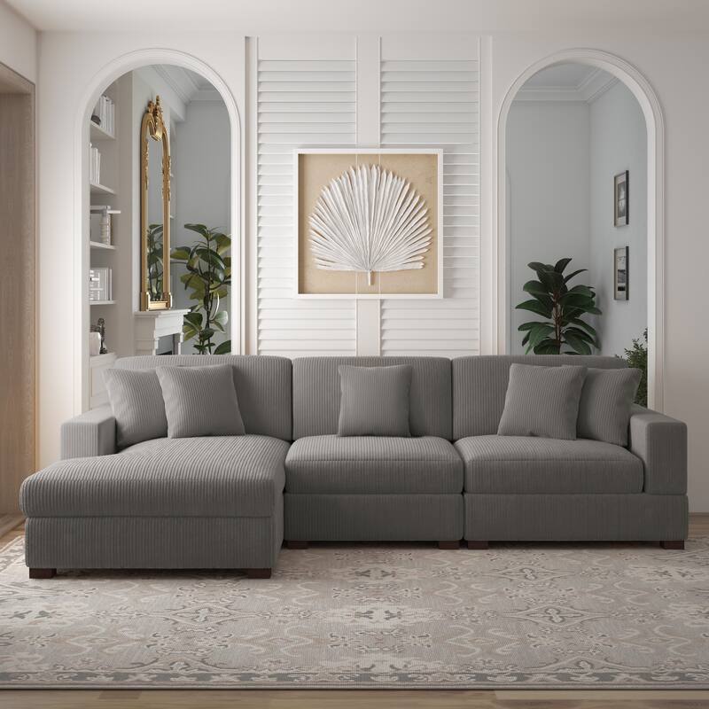 118" W Corduroy L-shape Modular Sectional Sofa with Pillows