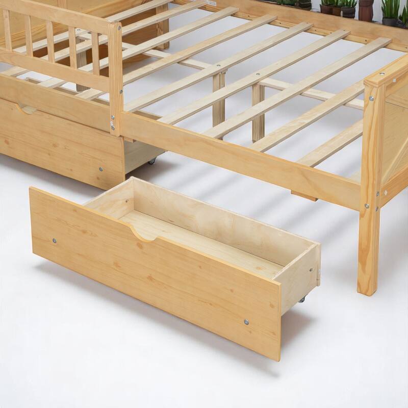 Full House Platform Bed Frame with LED, 2 Drawers, Shelves, Pine Wood & MDF Construction