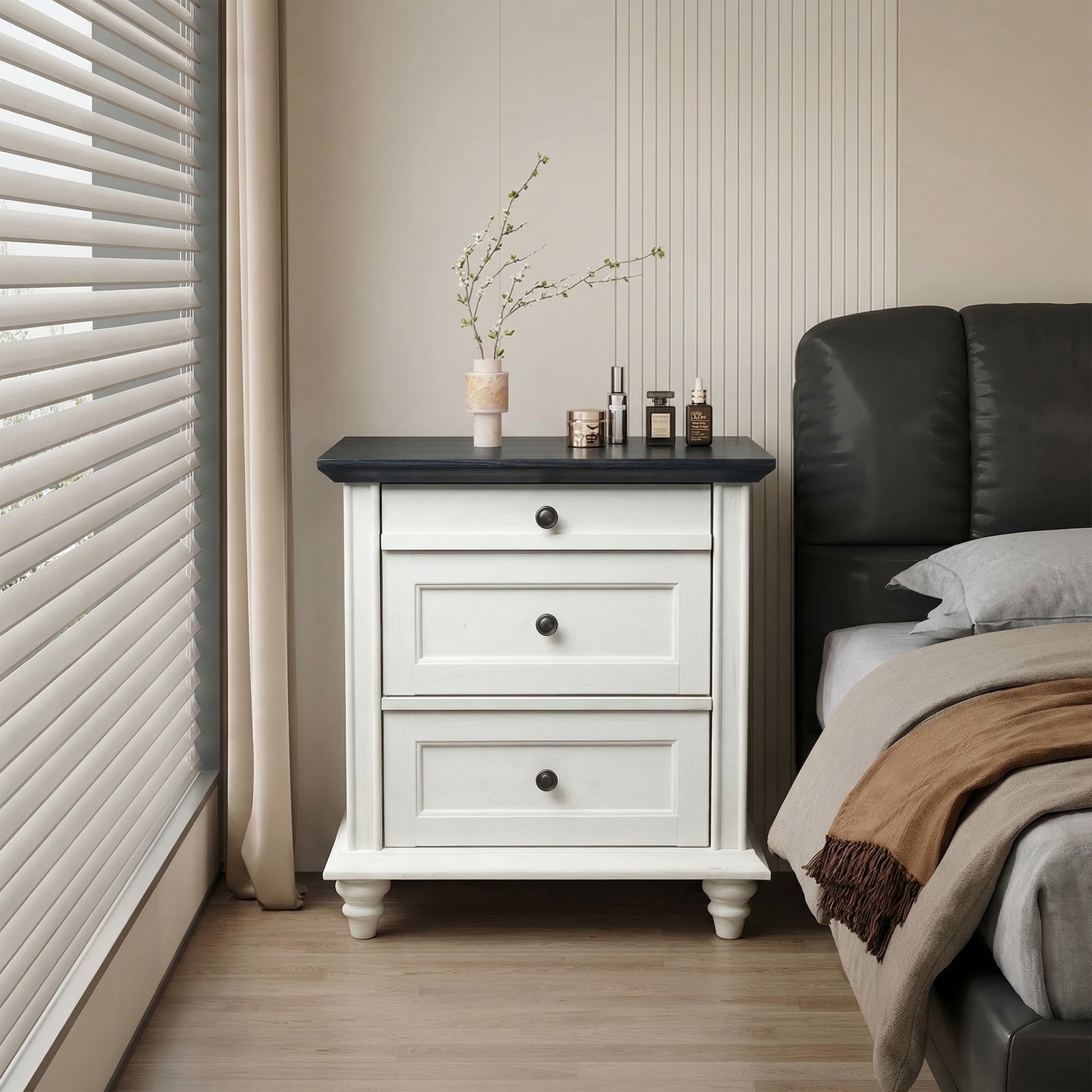 Modern Farmhouse White 3-Drawer Nightstand with Solid Wood Legs