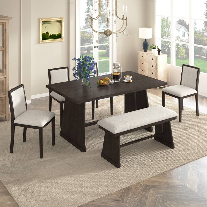 59.8" Farmhouse Dining Table with 4 Upholstered Chairs and 1 Padded Bench - Espresso