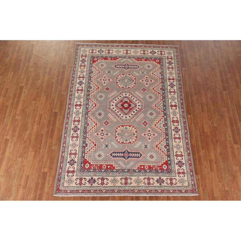 Hand Knotted Oriental 100% Wool Carpet Traditional Geometric Brown Kazak Area Rug - 9' 5'' X 6' 7''