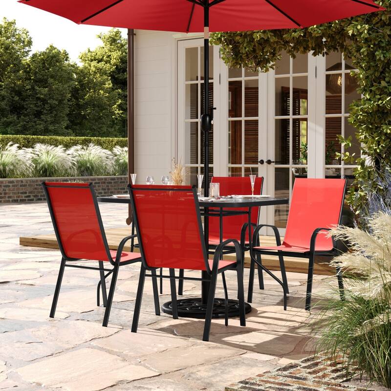 Commercial 5 Pc Outdoor Patio Dining Set with Glass Table and 4 Chairs - Red