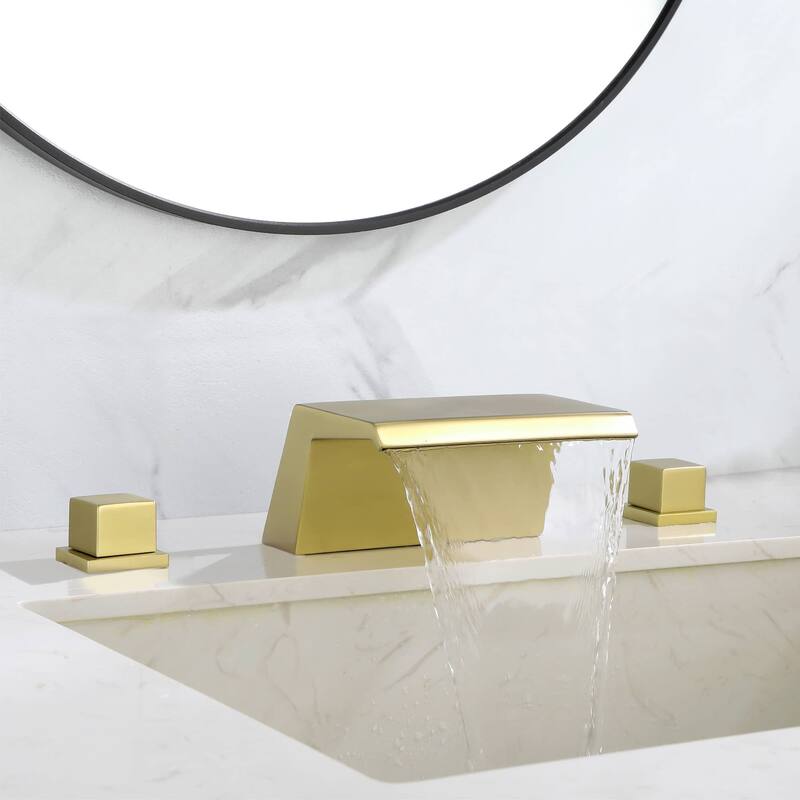 Widespread Bathroom Faucet Waterfall Bathroom Sink Faucet 3 Hole 8 Inch Doubel Handle Modern Vanity Basin Mixer Taps With Valve - Brushed Gold