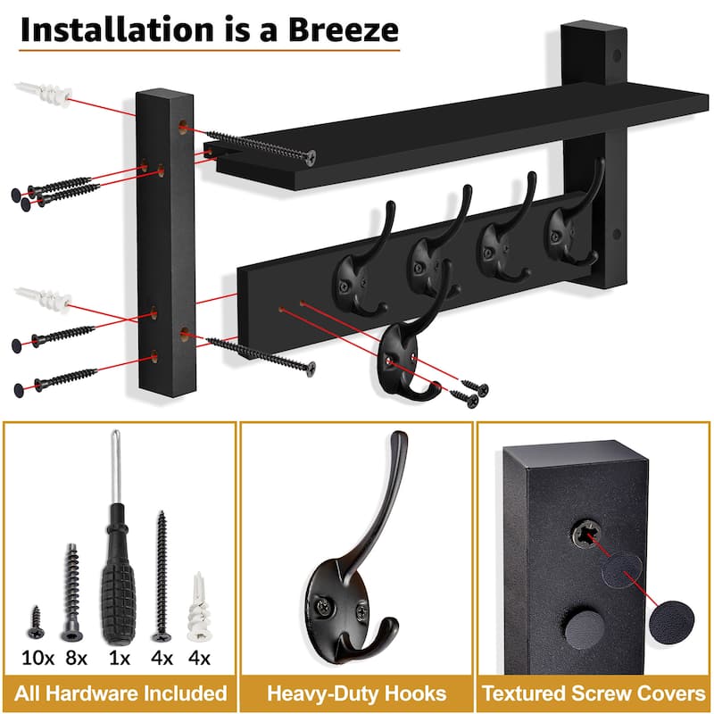 Sorbus Coat Hooks Wall Mount Floating Shelf with 5 Heavy Duty Hooks, Large and Extra Large