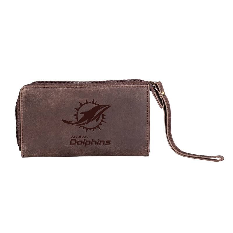 Brown Leather Cell Phone Wristlet Wallet, Miami Dolphins - 4" x 7"