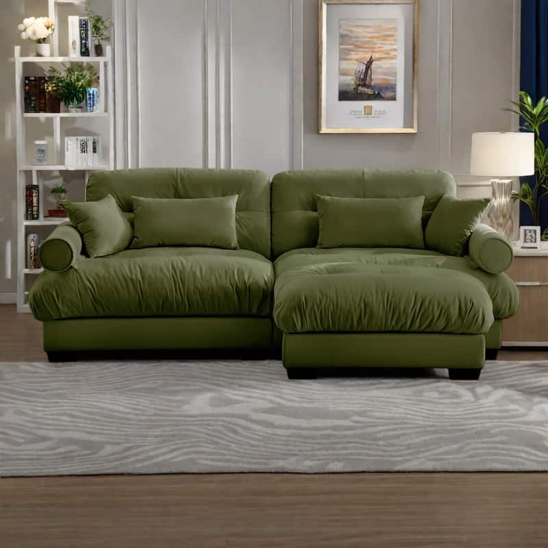 93.7" Oversized Velvet 2-Seater Sofa with Ottoman, Round Bolster Armrests, and Included Pillows