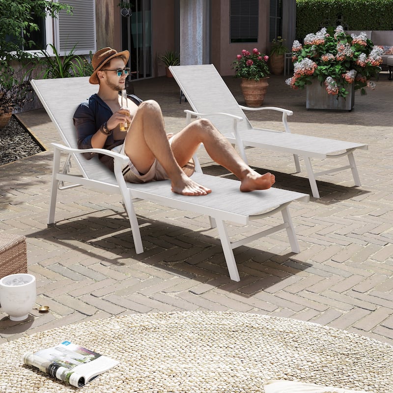 Outdoor Patio Aluminum Adjustable Chaise Lounge Chairs (Set of 2) with Arms - See Picture