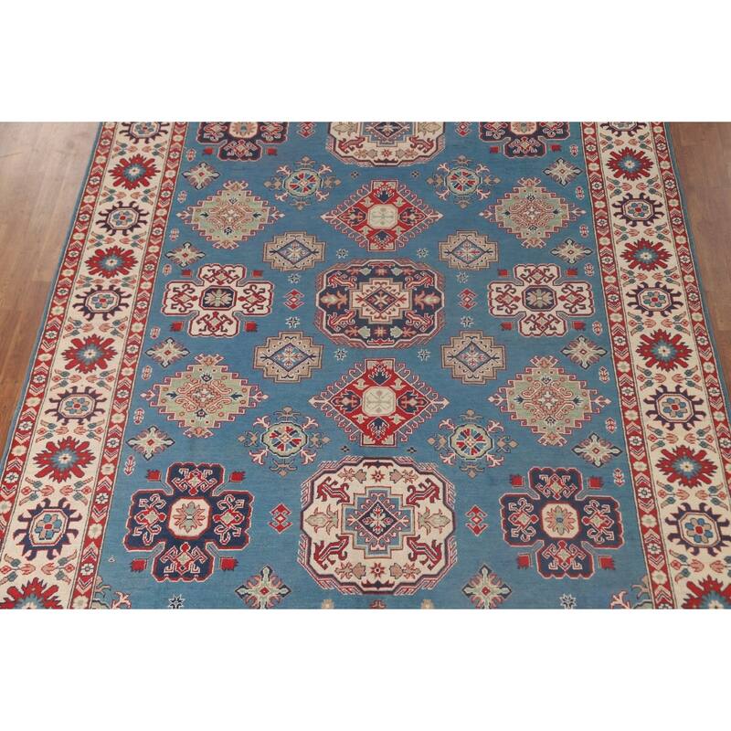 Light Blue Kazak Oriental Area Rug Hand-Knotted Geometric Wool Carpet - 8'4"x 11'2"