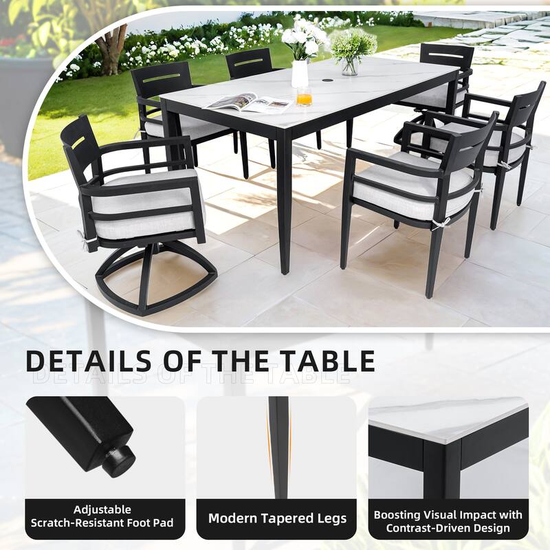 7-Piece Outdoor Patio Aluminum Dining Set with Marble-pattern Tabletop, 2 Swivel Rocker & 4 Armchairs, Umbrella Hole