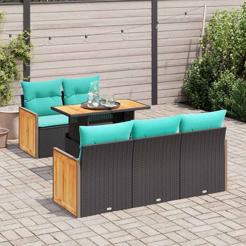 vidaXL 6 Piece Garden Sofa Set with Cushions Black Poly Rattan Acacia - 21.7 x 24.4 x 27.2