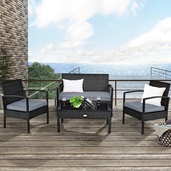 4 pcs patio rattan cushioned furniture set