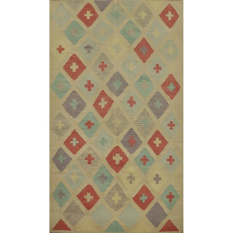 Hand Woven Oriental 100% Wool Carpet Southwestern Modern Beige & Ivories Kilim Area Rug - 9' 1'' X 5' 11''