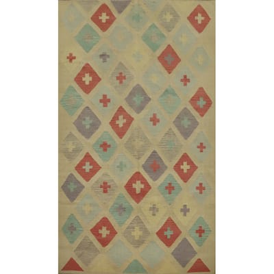 Hand Woven Oriental 100% Wool Carpet Southwestern Modern Beige & Ivories Kilim Area Rug - 9' 1'' X 5' 11''