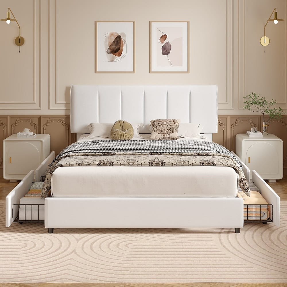 VECELO Bed Frame with 4 Storage Drawers, Upholstered Platform Bed Frame with Adjustable Headboard