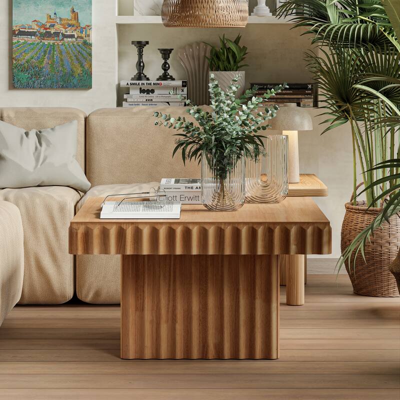 COZAYH Modern Square Fluted Solid Wood Coffee Table,Sculptural Accent Side Table with Textured Design