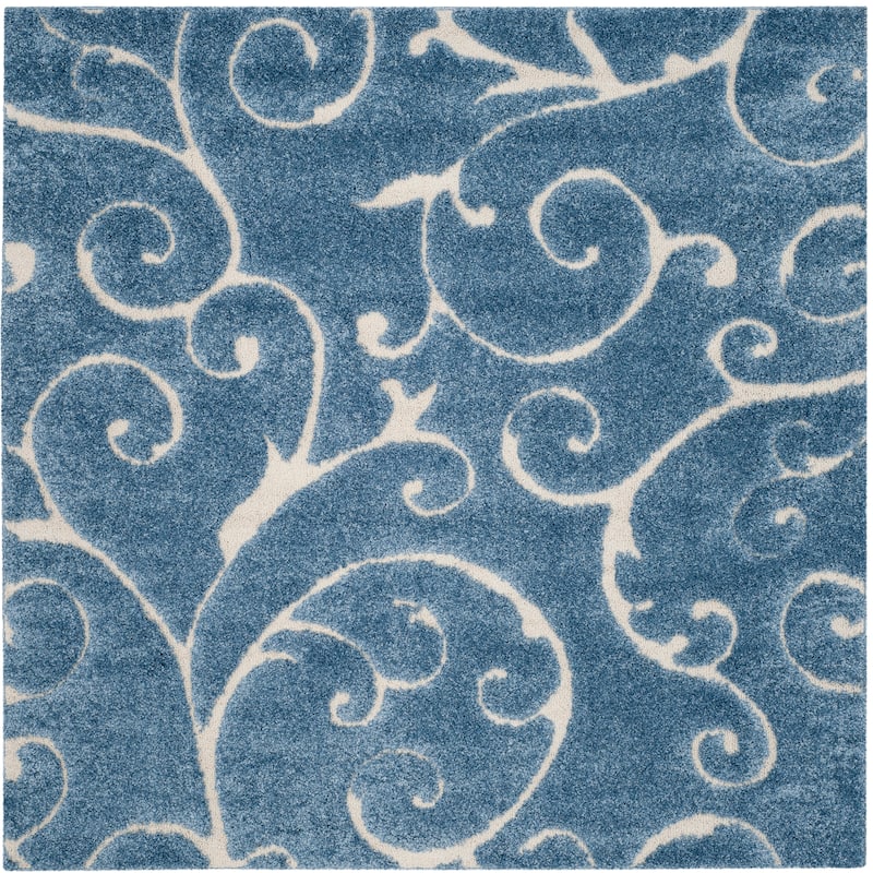SAFAVIEH Florida Shag Shahin Scroll 1.2-inch Thick Textured Rug - 6'7" Square - Light Blue/Cream