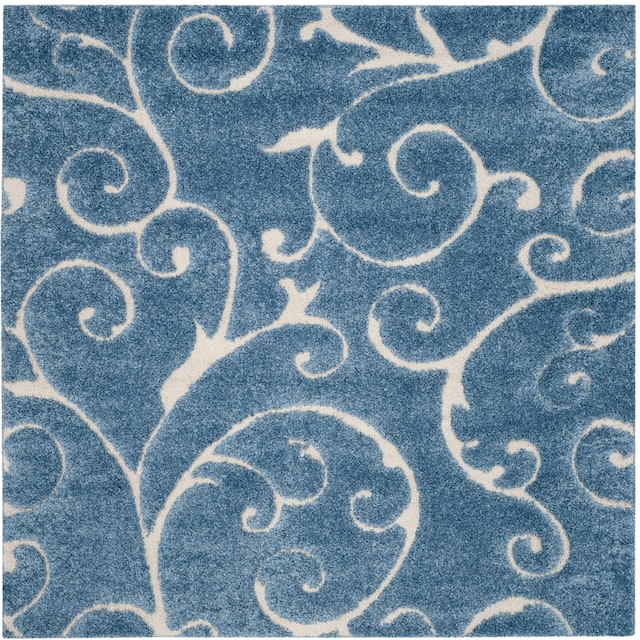 SAFAVIEH Florida Shag Shahin Scroll 1.2-inch Thick Textured Rug - 4' x 4' Square - Light Blue/Cream