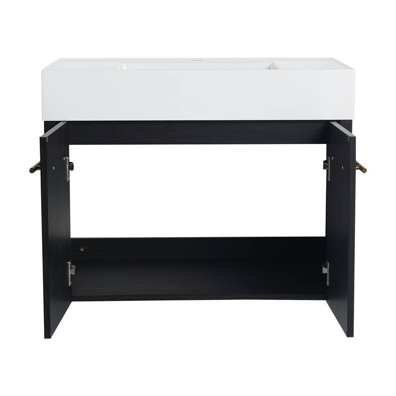 Wall mounted bathroom vanity with sink and storage shelf