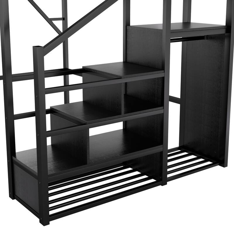 Black Metal Queen Loft Bed with Storage Shelves Wardrobe for Kids Teens Adults