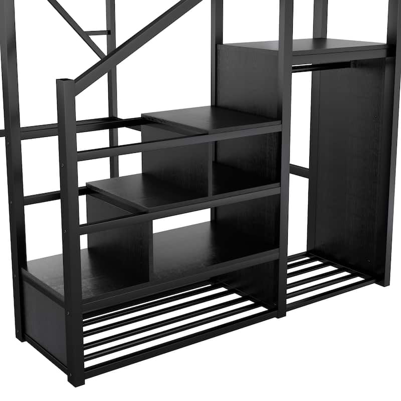 Queen Size Loft Bed with Stairs, Metal Queen Loft Bed with Storage Shelves, High Loft Bed with Wardrobe for Kids Teens Adults