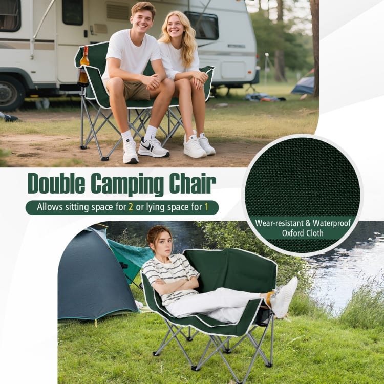 Green Oxford Cloth Metal Folding Camping Loveseat with Cup Holders