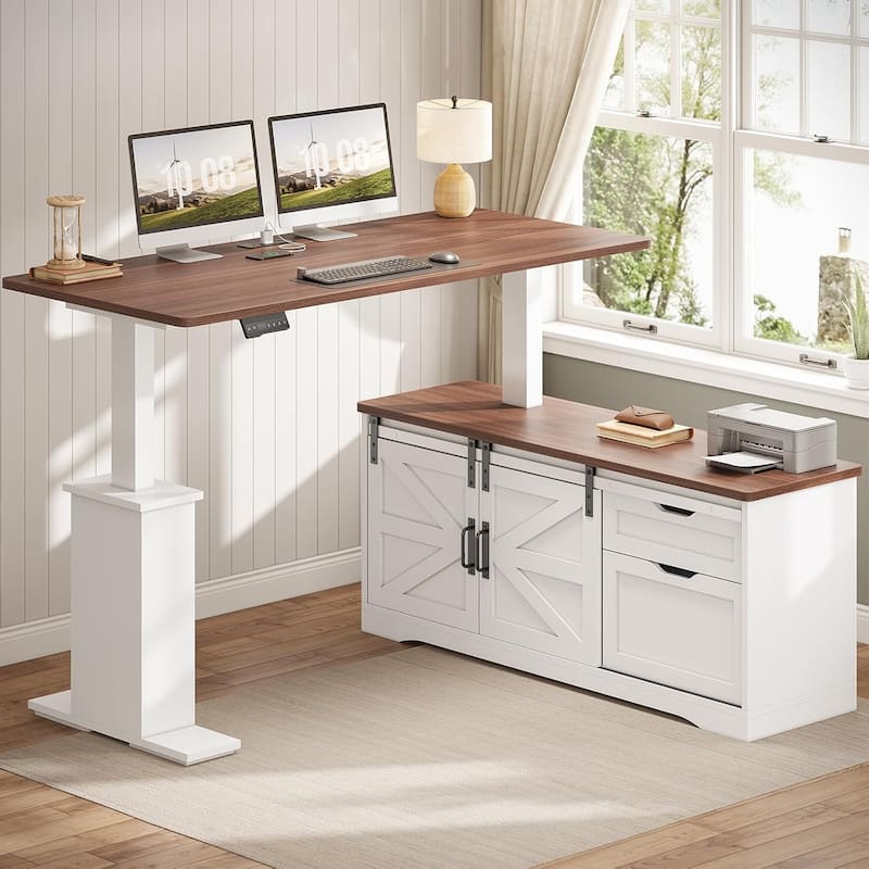 L Shaped Standing Desk Height Adjustable Corner Desk Storage Drawers - White