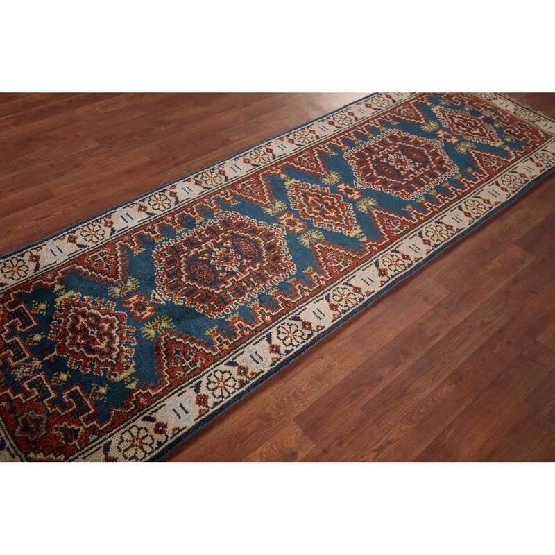 Blue Geometric Viss Oriental Runner Rug Handmade Wool Carpet - 2'6"x 7'10"