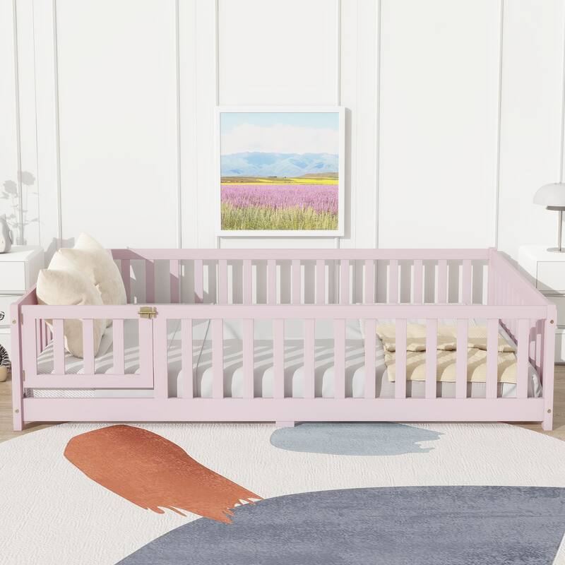 White Full Size Wooden Floor Bed with Fence & Door, Rubber, Safety Guardrails - Pink