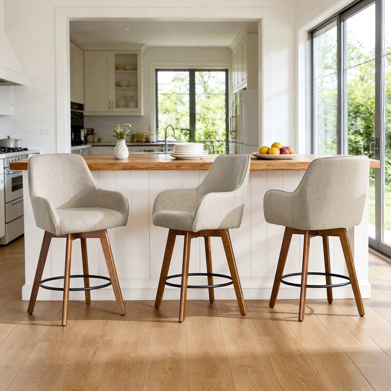 25 Inch Upholstered Swivel Counter Height Bar Stool with Armrests, Solid Wood Legs - 23.6"W x 22.4"D x 40.2"H