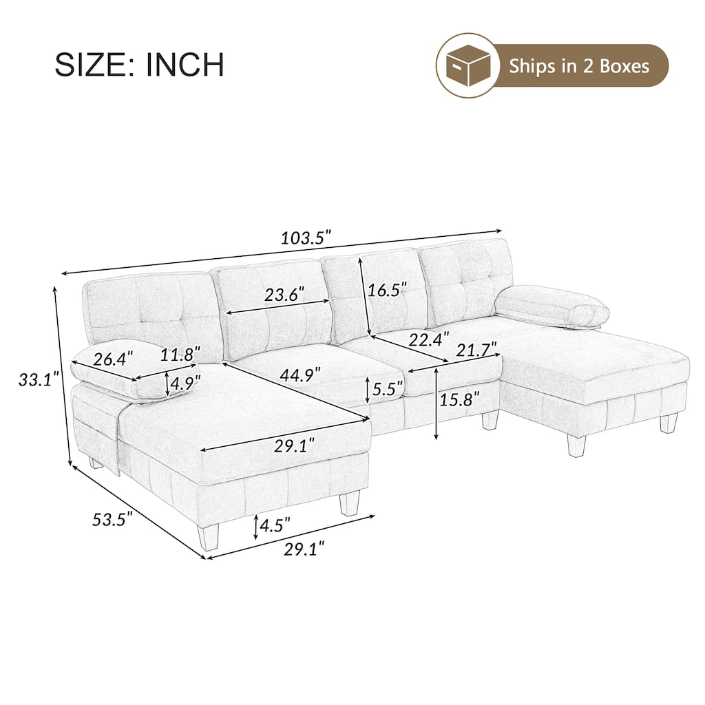 U-Shaped Modular Sectional Sofa with Dual Chaise Lounges, Chenille Fabric Cloud Couch with Storage Pockets & Armrest Pillows