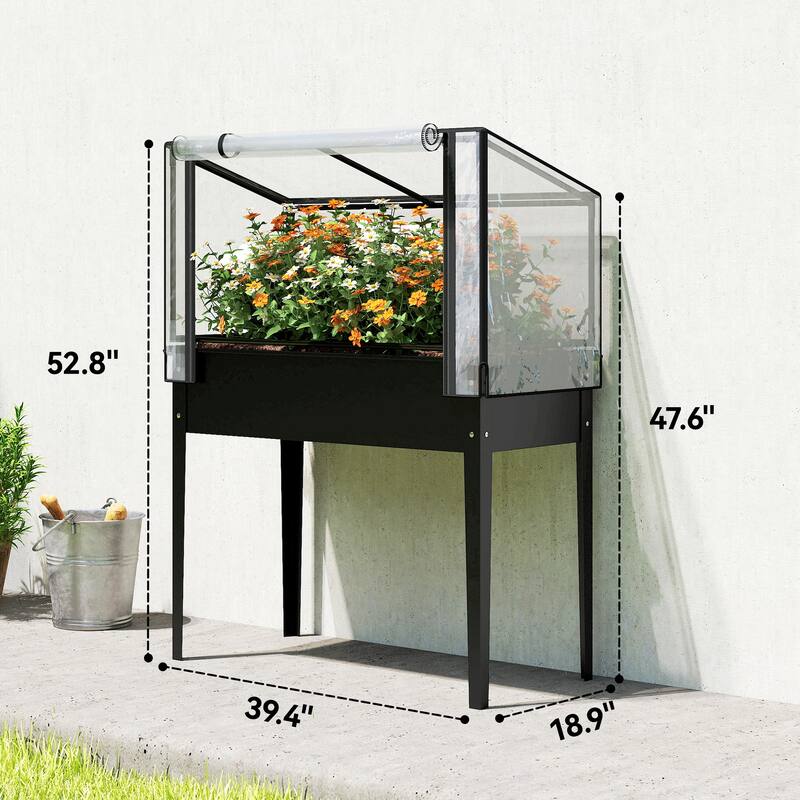 Outsunny Raised Garden Bed with Flip-Up Greenhouse Cover, Metal Elevated Garden Bed, 39.4" x 18.9" x 52.8", Black