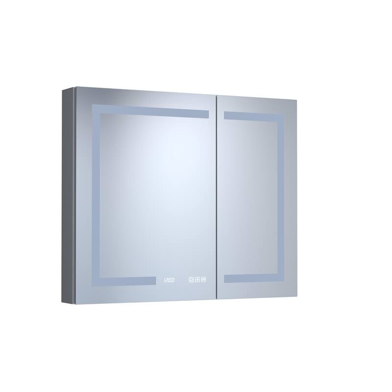 Rectangular Aluminum Recessed/Surface Mount Medicine Cabinet in Silver with Mirror LED and Clock