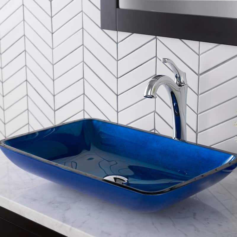 KRAUS Irruption Blue 22 in. Rectangle Glass Glass Vessel Bathroom Sink