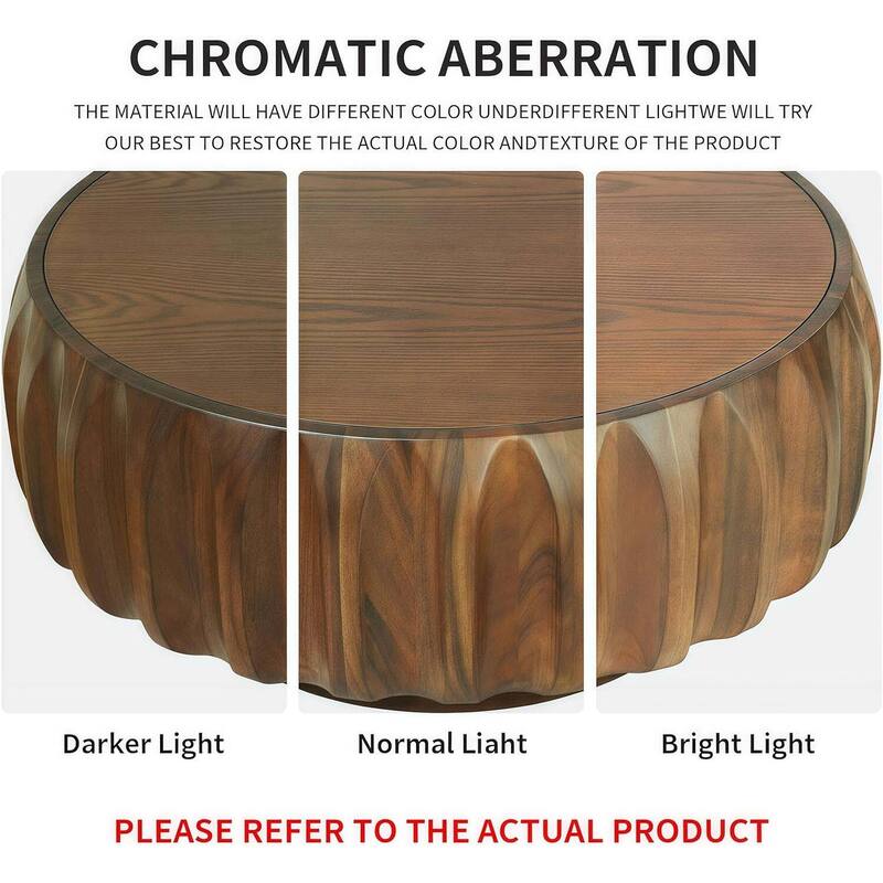 Round Coffee Table, Drum Coffee Table Contemporary Wood Round Coffee Table with Fluted Centry Table