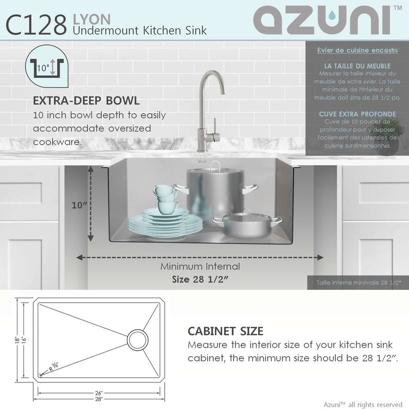 AZUNI 28 inches L x 18 inches W Single Bowl Undermount 16G Reversible Kitchen Sink with Grid and Basket Strainer C128