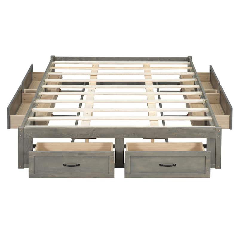 Full/Queen Size Platform Bed without Headboard, Wooden Storage Platform Bed Frame with 6 Drawers, Wood Slats Support
